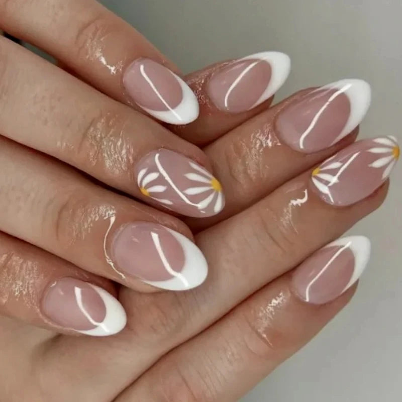 3D Flowers Gold Bead Lace White Daisy Bowknot Long Pointed Fake Nails Art Almond False Nails Press on Nails Charms Manicure Tool.