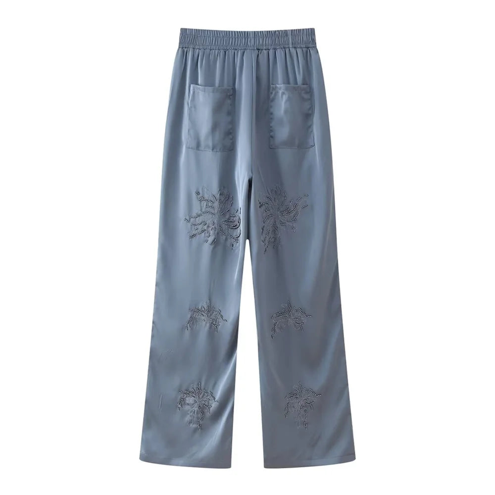 Summer New Product Women's Style Flip Collar with Beaded Embroidered Shirt, High Waist Straight Leg Pants Set.