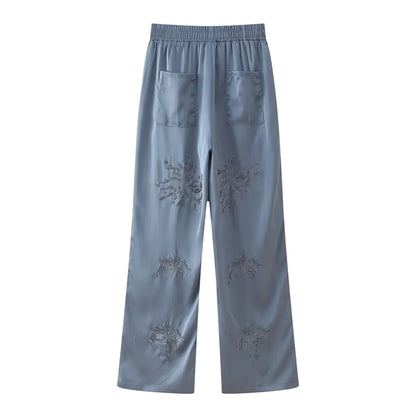 Summer New Product Women's Style Flip Collar with Beaded Embroidered Shirt, High Waist Straight Leg Pants Set.