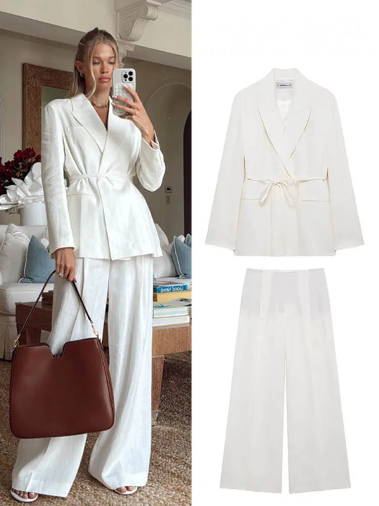 HH Women's Suits White Turn-Down Collar Long Sleeves Lace-Up Blazers+High Waist Zipper Long Pants Female Spring Fashion Sets.