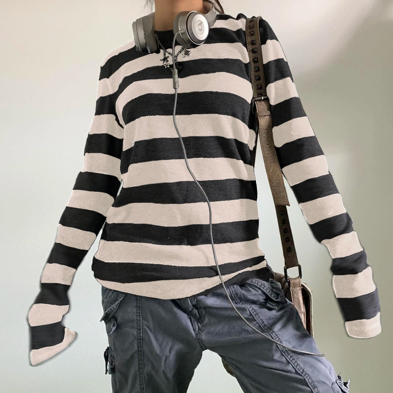 Women Fairy Grunge Knit Basic Shirt Autumn Y2K Grey Black Striped Long Sleeve Round Neck Tops Emo Tee.