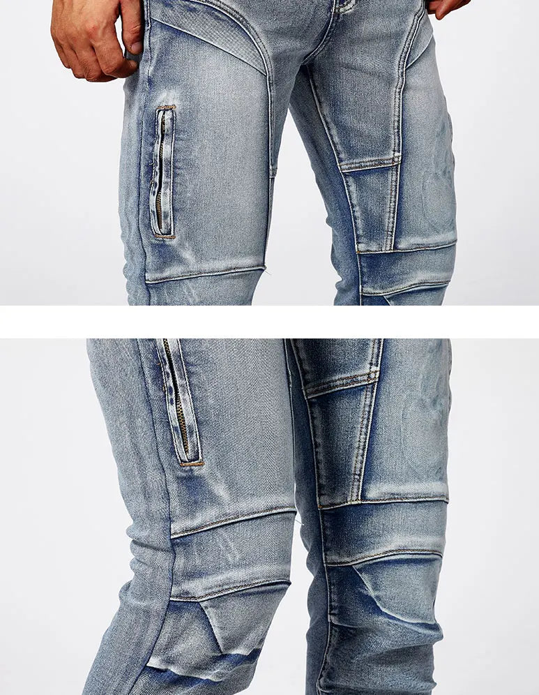 Two tone distressed patchwork jeans for men trendy jeans for summer thin straight leg pants slim fit small leg distressed jeans.