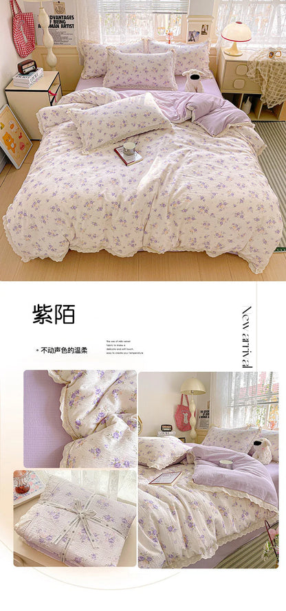2025 new small fresh printing French lace lace double four-piece set bedding wrinkled yarn student three-piece set