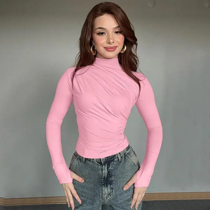 Turtleneck Women Tees Sexy Slim Long Sleeve Pleated All-match Basic Lady T-shirts Spring Autumn Fashion Chic Female Top 2025