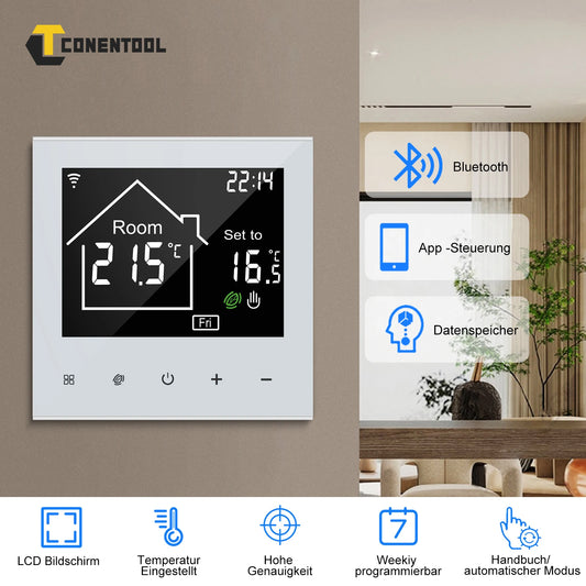 CONENTOOL WiFi Electric Thermostat 16A Floor Heating Smart Home with Alexa Tuya Google Digital Temperature Controller App Remote.