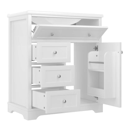 76 x 46 x 87 cm große Badezimmertheke, geräuscharme Schubladenführung, Klappschublade, Keramikwaschbecken, Keramikwaschmaschine, Weiß