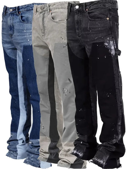 Y2k Jeans Men Painting Patch Baggy Stacked Jeans Fashion Work Wear Popular Stretch Patch Denim Stacked Flare Jeans Pants.