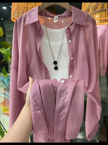 1pcs Woman Four Seasons Shirt Lady Thin Sunscreen Shirts Female Casual Long Sleeve Turn-down Collar Loose Med-Length Style Tops.