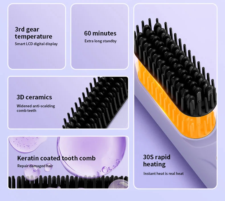 Electric Heating Straight Hair Comb LCD Screen USB Wireless Portable Negative Ion Styling Tool Rechargeable Straightening Brush.