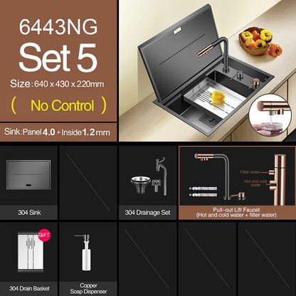 Nanometer Black Hidden kitchen Sink SUS 304 Stainless Steel 4mm Thickness Flip Cover Hidden Handmade kitchen Sinks