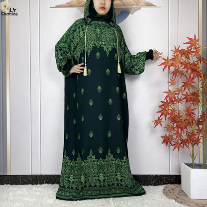 2025 Women Long Sleeves Dress Cotton Ramadan Abaya with Two Hats Muslim Women's Kaftan Dress Dubai Turkey Islam Prayer Clothing.