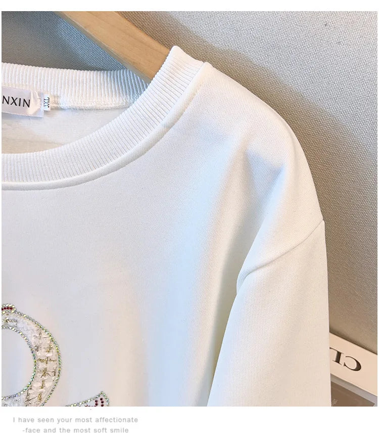 175 kg Übergröße Damen Büste 170 Herbst Lose Rundhals Langarm Diamant Schwan Sweatshirt Schwarz Weiß 5XL 6XL 7XL 8XL 9XL.