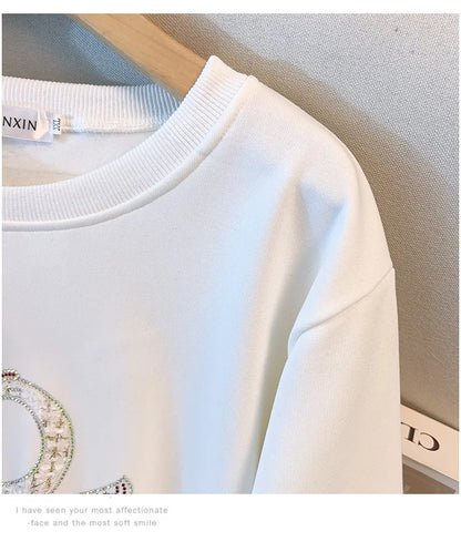 175 kg Übergröße Damen Büste 170 Herbst Lose Rundhals Langarm Diamant Schwan Sweatshirt Schwarz Weiß 5XL 6XL 7XL 8XL 9XL.