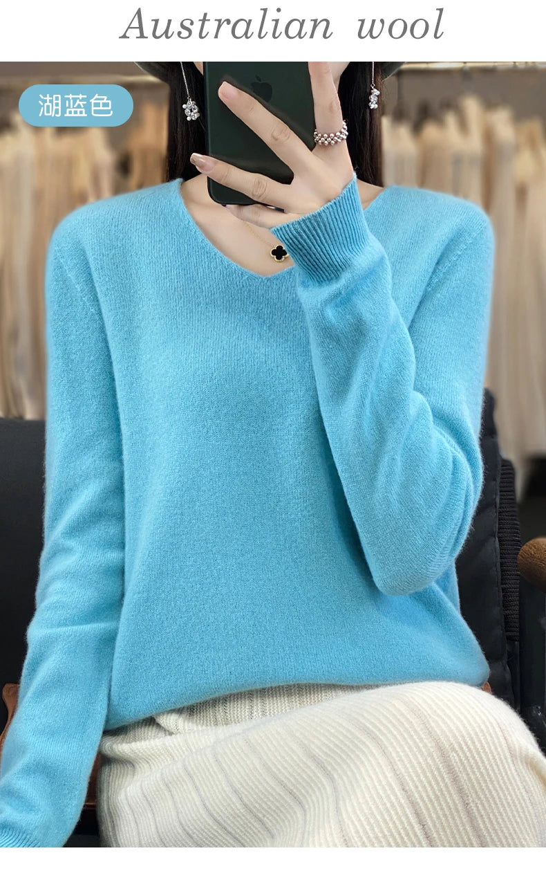 Women 100% Merino Wool Sweater V-Neck Basic Pullover Autumn Winter Cashmere Clothing Long Sleeve Soft Knitwear Tops Solid Color