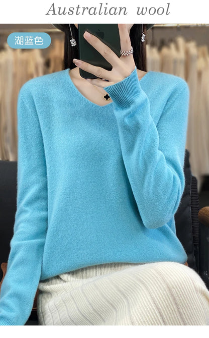Women 100% Merino Wool Sweater V-Neck Basic Pullover Autumn Winter Cashmere Clothing Long Sleeve Soft Knitwear Tops Solid Color