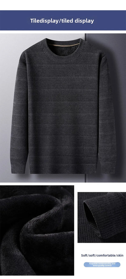 Fleece-Lined Knitted Pullover Sweater Casual Jumper for Men Insulated Warm Long Sleeve Thick Material Round Neck Design.