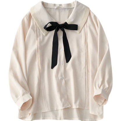 Large Size Niche Design Sense Single-breasted Women Shirt Autumn New Korean Lace-up Bow Blouse Female Solid Color Women Shirt.