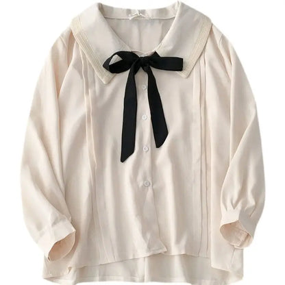 Large Size Niche Design Sense Single-breasted Women Shirt Autumn New Korean Lace-up Bow Blouse Female Solid Color Women Shirt.