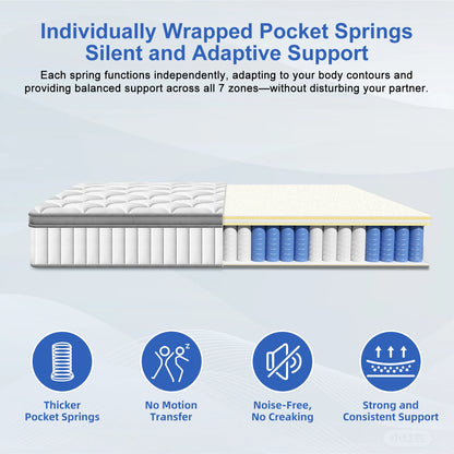 AUTHMIC Orthopädische Matratze 25 cm mit Taschenfedern, 7-Zonen-Rückenstütze, mittelfestes Gefühl, atmungsaktiver, hautfreundlicher Stoff