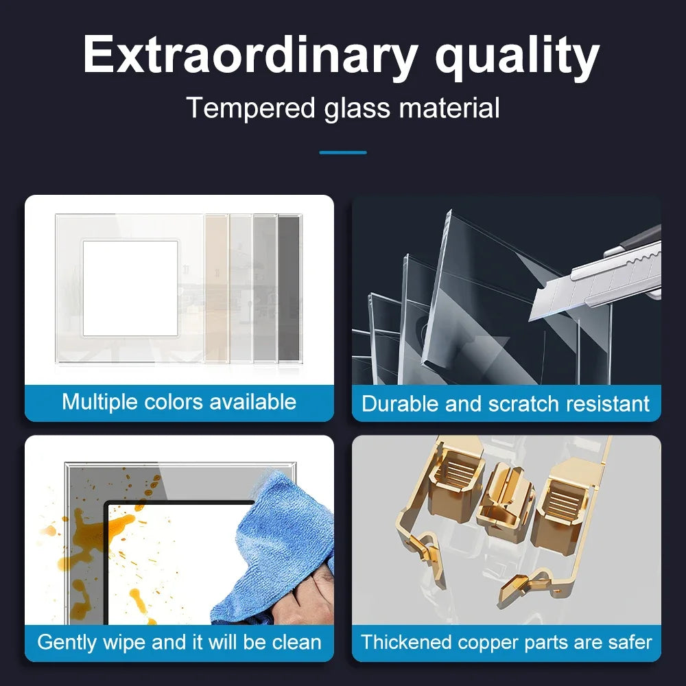 SRAN Französische USB-Wandsteckdose 5 V 2,1 A, Kristall-Hartglasscheibe 16 A 220 V 82 x 82 mm Steckdose Frankreich-Standard mit Abdeckung.