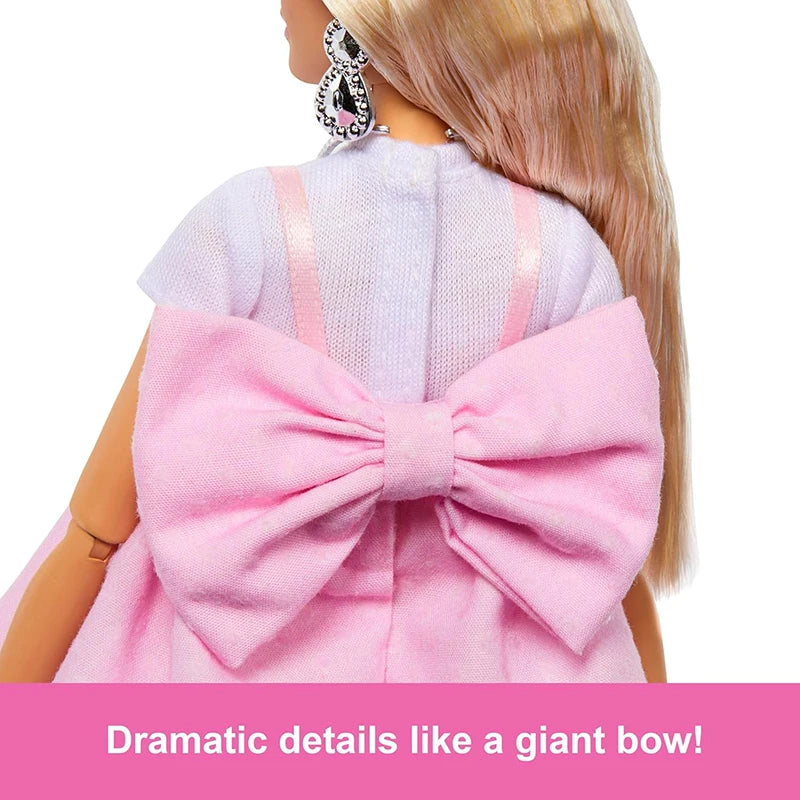 Barbie Deluxe Style Doll Blond Hair in Top Knot Pink Pastel Dress with Oversized Bow and Accessories Toy for Girl Gift HYV27.