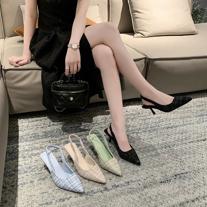 Brand Designer Slingbacks High Heels Pumps Women Pointed Blue Pointed Toe Party Shoes Summer Thin Heeled Sandals High Heel Shoes.