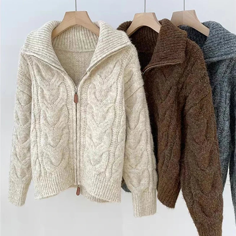 Women Autumn Winter New Lazy Style Loose Knitted Cardigan Retro Solid Color Double Zipper Turn-down Collar Sweater New Women Top.