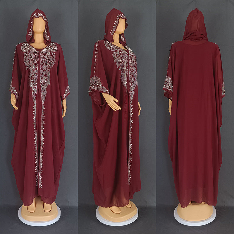 Eid Muslim Dress for Women Hooded Abaya 2 Piece Set Diamond Jalabiya Morocco Party Dresses Dubai Abayas Kaftan Vestido Long Robe.