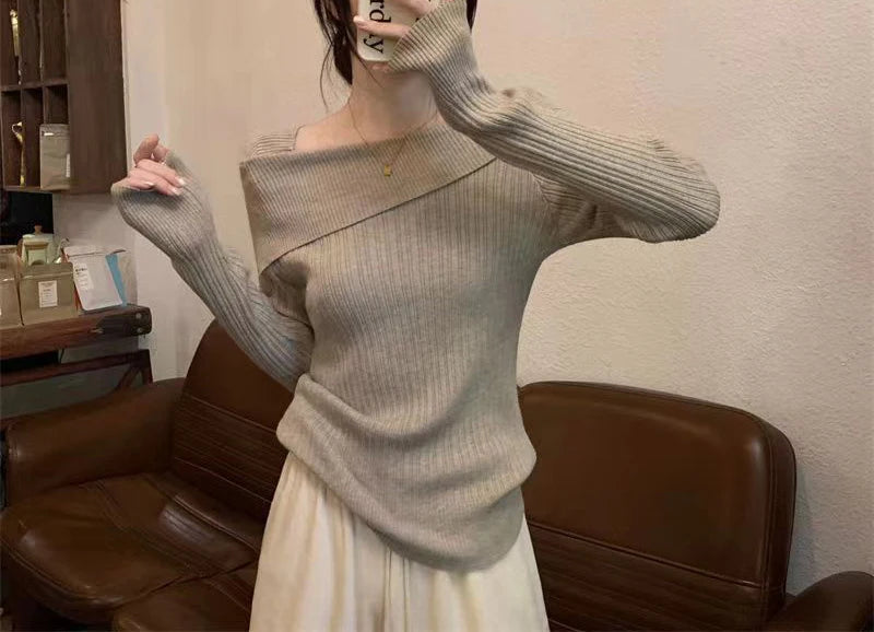 Solide Sexy Schlank Off Schulter Slash Neck Langarm Stricken Pullover Frauen Jumper Büro Mode Neue.