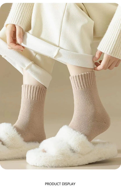 3 Pairs Wool Socks Women Winter Warm Thicken Snow Boot Markron Color Plush Hairy Soft Mid Tube Stockings Floor Sleep Socks White.