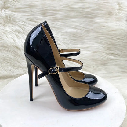 Round Toe Stiletto Shoes For Women Black Mary Jane Shoes 10CM 12CM Thin High Heels Spring Autumn Buckle Strap Fashion Sexy Pumps.