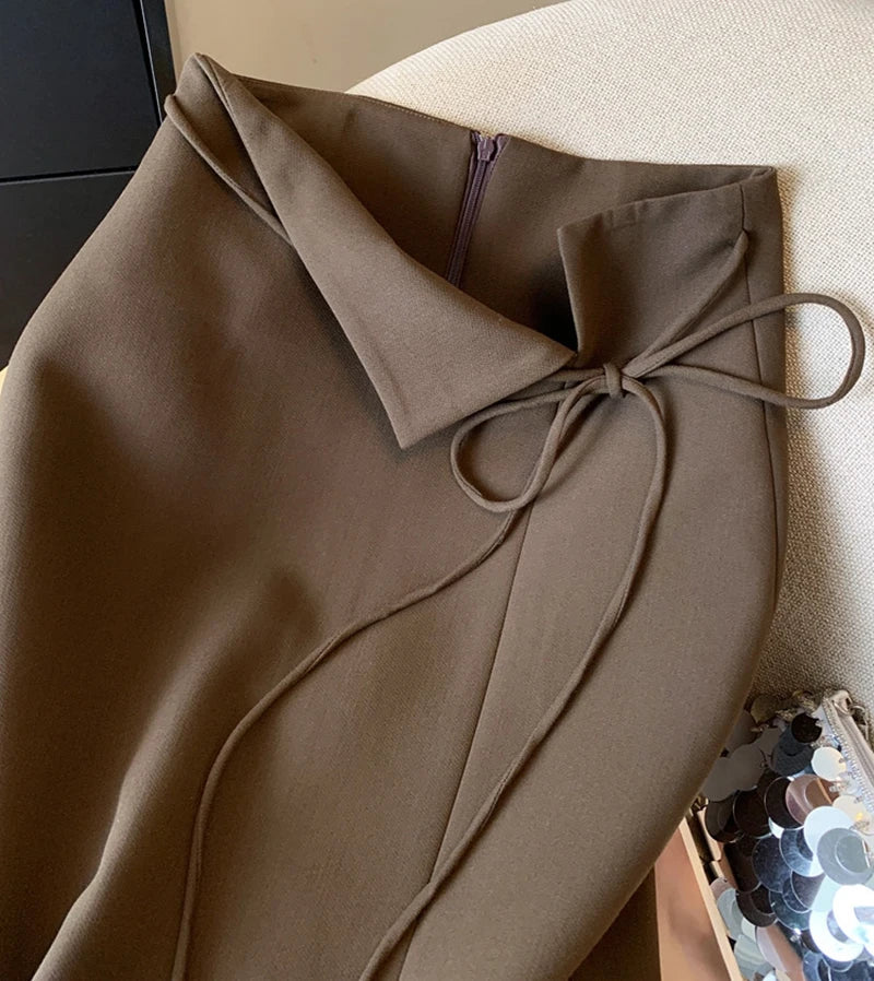 Elegant Slit Midi Skirt Women Fashion Black Bandage Split Suit Skirts  Office Ladies Korean Casual A Line Streetwear Skirt New.