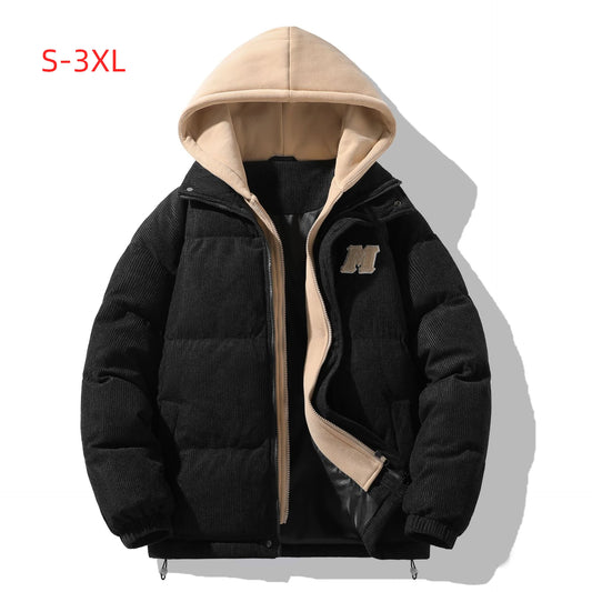 Japanese and Korean Winter Men's Thick Hooded Cotton Jacket Short Corduroy Cotton Jacket Trendy Warm Cotton Jacket Versatile.