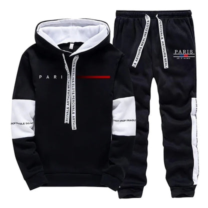 2025 Trendy Paris Print Hooded Tracksuit Men Winter Autumn Casual Jogging Outfit Athletic Sportswear Sweatpants Men's Clothes.