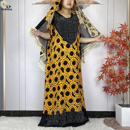 2024 New Muslim Women Dashiki Printed Dress Flower Diamonds Loose Dress With Big Scarf Islamic African Women Short Sleeve Abaya.
