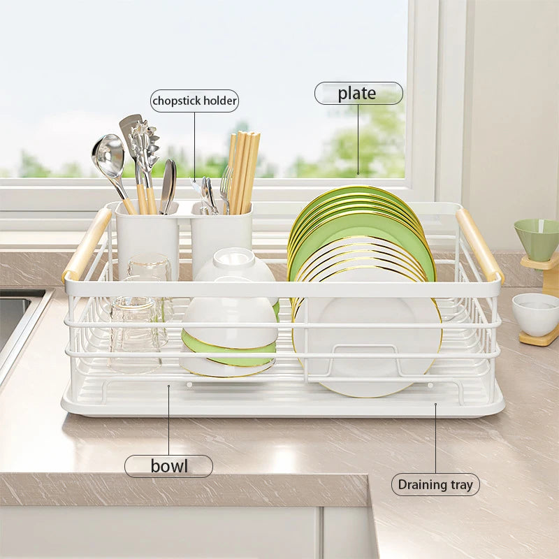 Countertop Kitchen Single-layer Plate Shelf Drain Bowl Rack Multi-functional Tableware Metal Storage Rack.