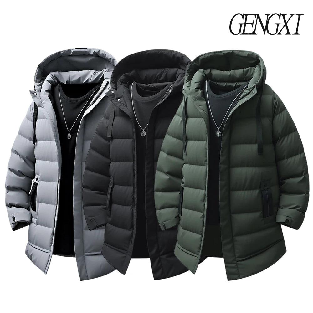 New Winter Men's Mid-Length Cotton-Lined Coat Business-Casual Windproof Warmth Fashionable Hooded Jacket Stylish Menswear.