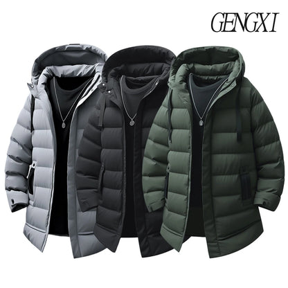 New Winter Men's Mid-Length Cotton-Lined Coat Business-Casual Windproof Warmth Fashionable Hooded Jacket Stylish Menswear.