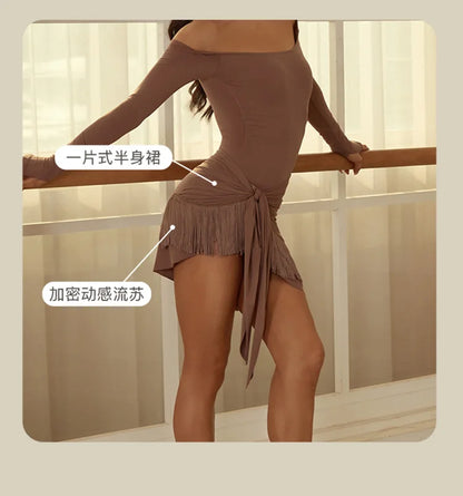 Off Shoulder Latin Dance Tops Fringe Skirt Women ZYM Latin Dance Clothes Competition Dress Club Rumba Samba Practice Wear V22221.