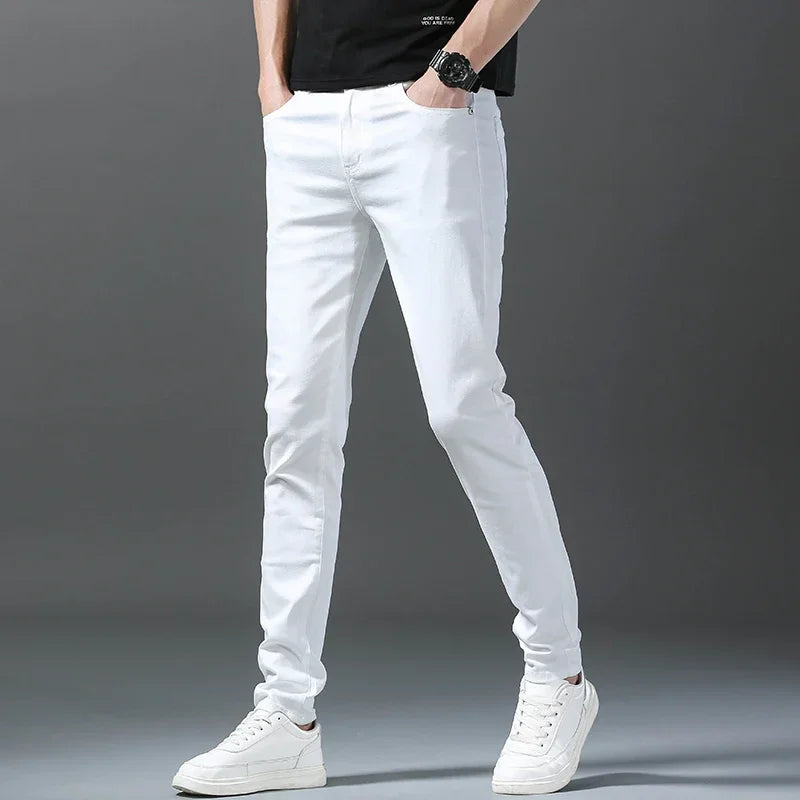 2025 Spring Summer New 98%Cotton Men's Slim Jeans Straight Casual Fashion Pencil Pants High Quality Trousers Male Clothes White.