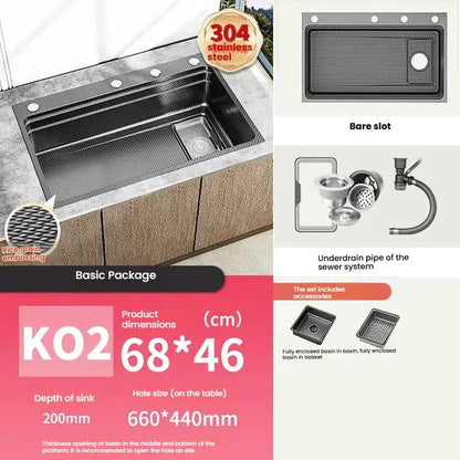 Gray 304 Stainless Steel Kitchen Sink Wash Dish Bowl Nano Embossing Large Single Slot Multifunctional Household Undermount Basin