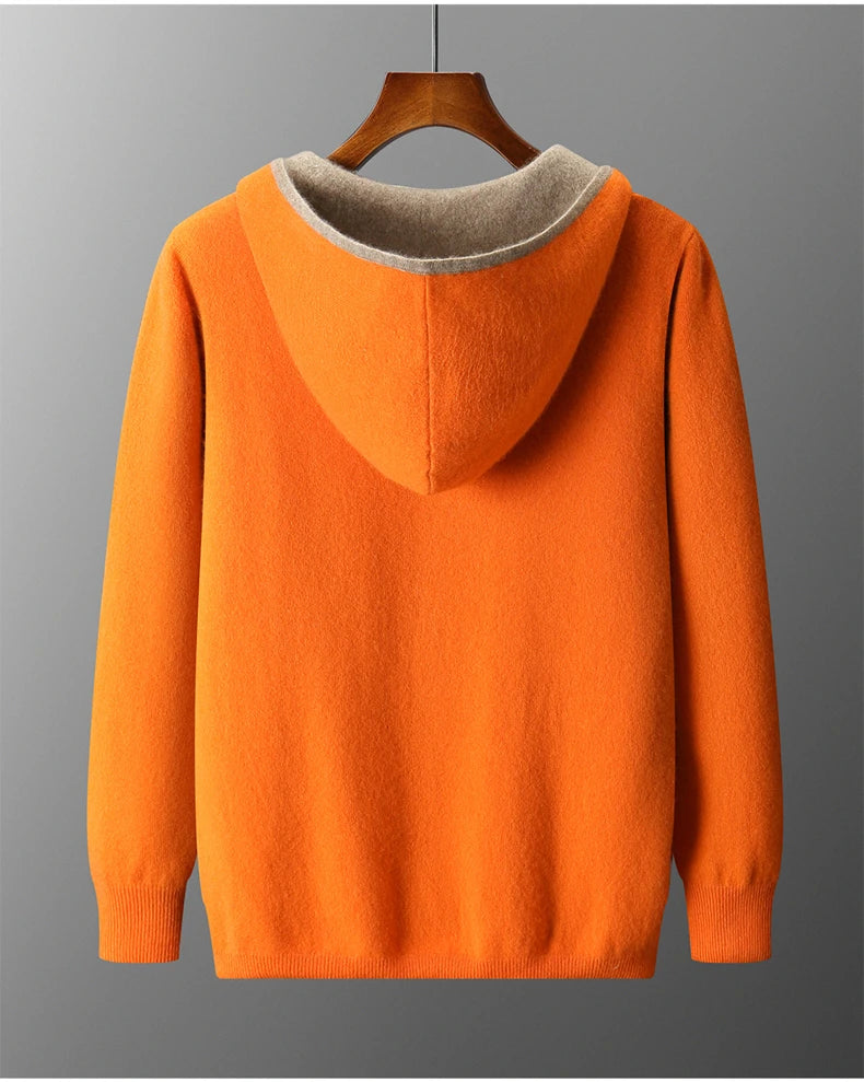 Autumn Winter Pure Cashmere Sweater Double-sided Cardigan Men's Casual Zipper Thickened Cashmere Knitted Hooded Sweater Coat.