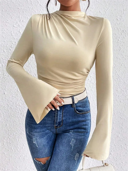 Fashion Pleated T-Shirt Women Solid Color Slim Shirt Autumn Flare Sleeve Stand Collar Pullover Tops Female Commuter Casual  Tees.