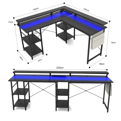 Moderner L-Schreibtisch, 2 in 1 Umwandelbar, 140/230cm, mit ergonomischer Monitortisch-Aufsatz, Power Hub, Gaming-Tisch