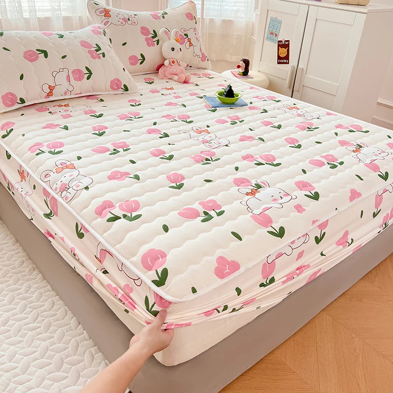 Quilted Mattress Cover For Kids Single/Double Size Rabbit Printing cubre colchón 200X220cm Anti-Mite 매트리스커버 Queen/King Size 매트리스.