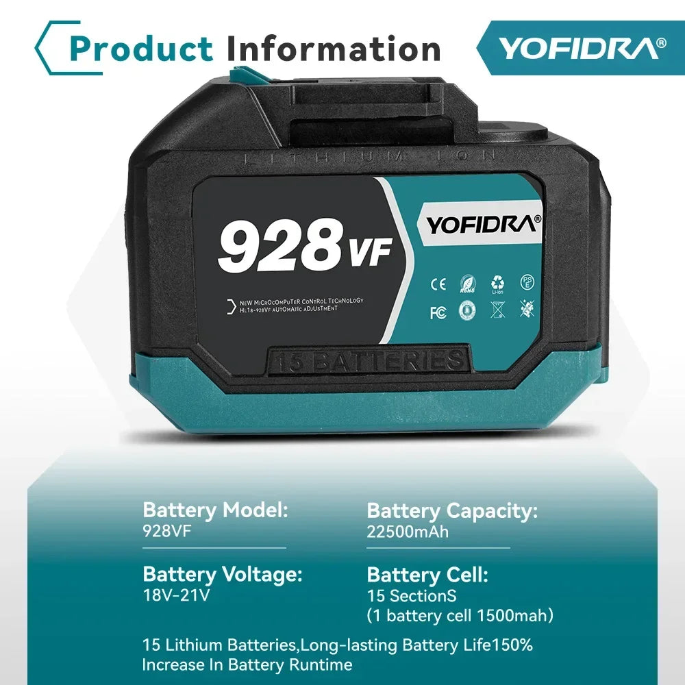 YOFIDRA 388VF 928VF wiederaufladbarer Lithium-Akku, 22500 mAh, 15000 mAh, Li-Ionen-Akku für elektrische Kettensäge, Bohrschlüssel, Elektrowerkzeug
