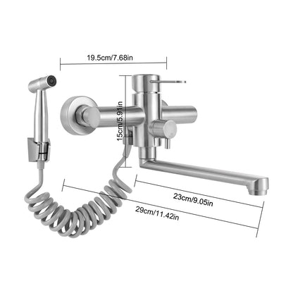 Wall-Mounted Kitchen Mixer Tap with Sprayer, 360° Swivel Stainless Steel Spout & Anti-Leak Design for Sink/Laundry, Black/Silver