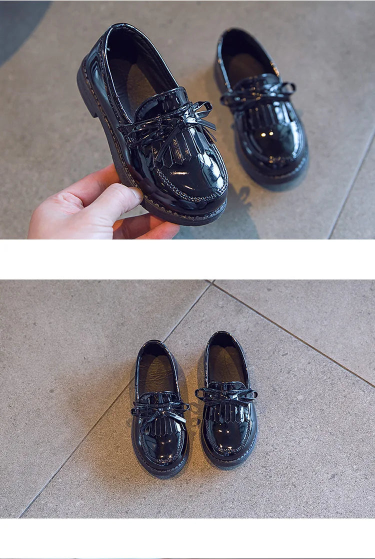 Girls Casual Leather Shoes Kids Flats Tassels with Bow-knot British Style Soft Slip-on Loafers for Wedding Party Bright Skin New.