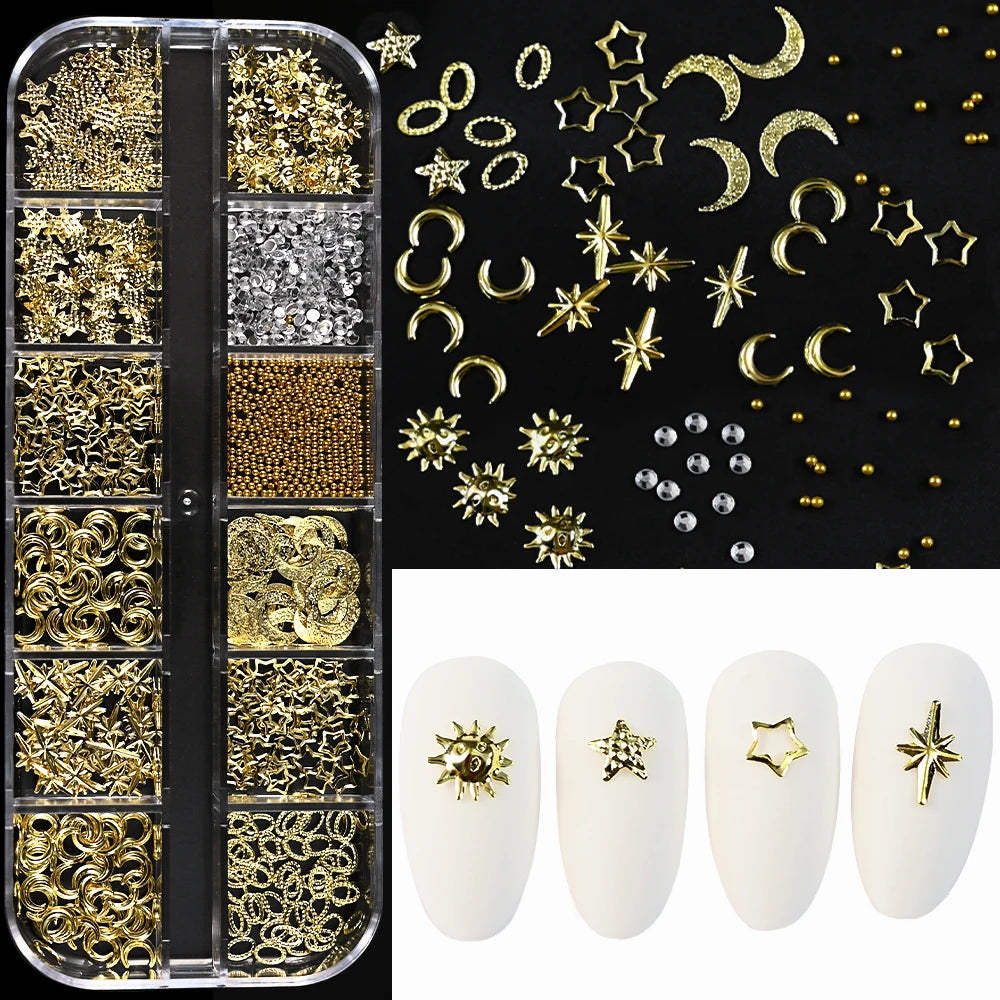12Grids Moon Star Nails Gold Metallic Nail Sequins Charms 3D Nail Art Tips Decoration  3D Metal Moon Star Sun Bead Rivet Nail Je