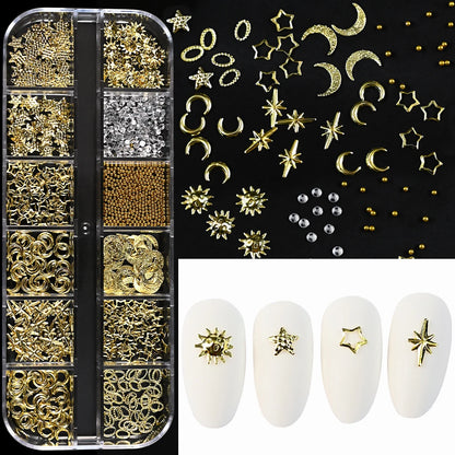12Grids Moon Star Nails Gold Metallic Nail Sequins Charms 3D Nail Art Tips Decoration  3D Metal Moon Star Sun Bead Rivet Nail Je